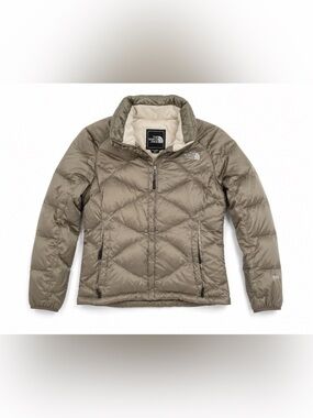 The North Face 550 Goose Down Puffer Jacket Taupe Beige Chevron Quilted XS